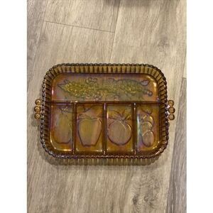Amber Glass Divided Serving Tray Dish 12”X 8 1/2” 5 Separations Carnival